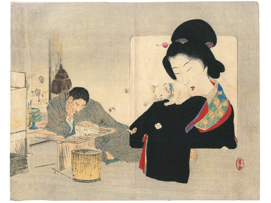 Estampe japonaise kuchi-e de Mishima Shōsō représentant une femme en kimono tenant un chaton blanc, avec un homme lisant à l’arrière-plan dans un intérieur.