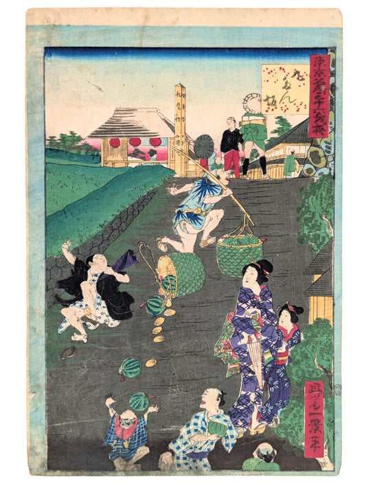 Estampe japonaise de shosai ikkei une scène comique d'un vendeur de fruits laissant tomber ses pastèques.