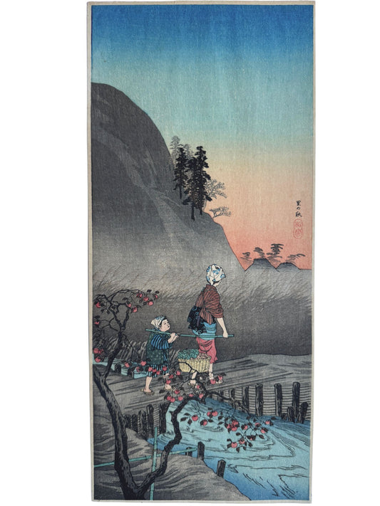 Estampe japonaise de Shōtei représentant une femme et son enfant traversant un pont en automne au crépuscule