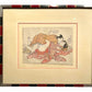 estampe japonaise érotique de Shuncho, un homme sur une femme qui s'embrasse, avec cadre rouge, noir, bague or et angle argent