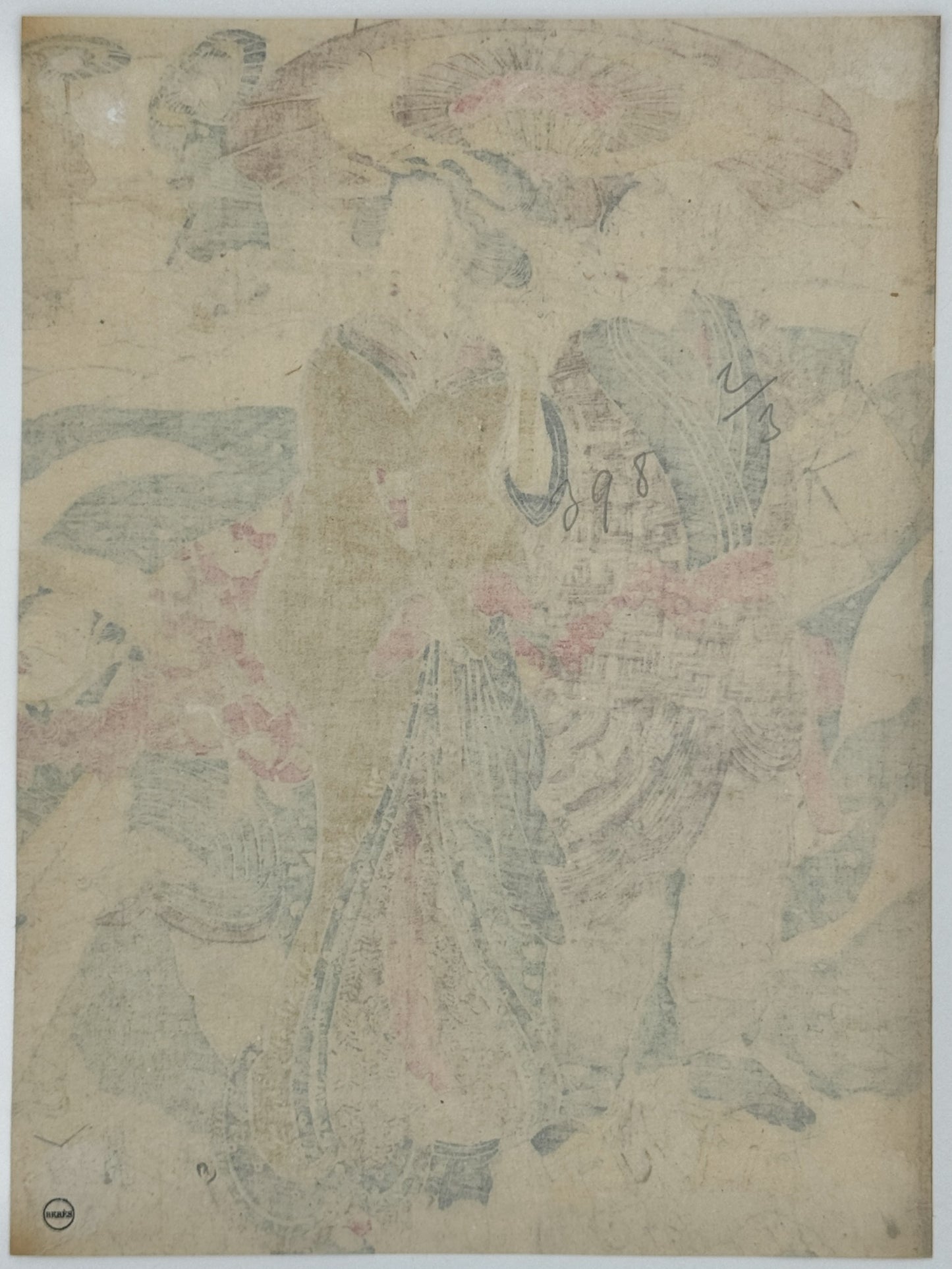 Estampe japonaise de Katsukawa Shunsen, courtisane sous la neige et son valet. 