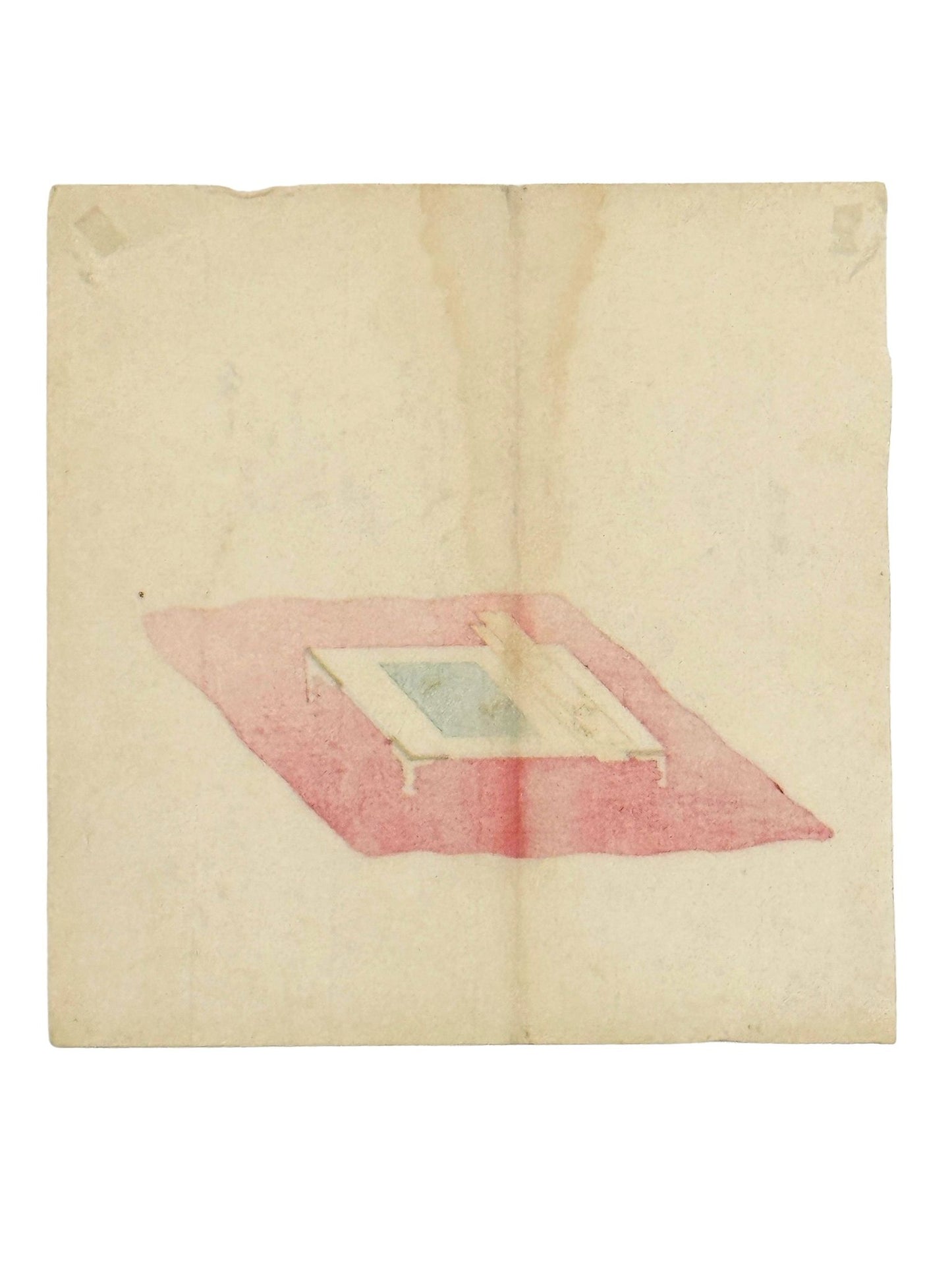 Estampe Japonaise surimono représentant trois poèmes au-dessus d'un écritoire posé sur un furoshiki rouge, le verso