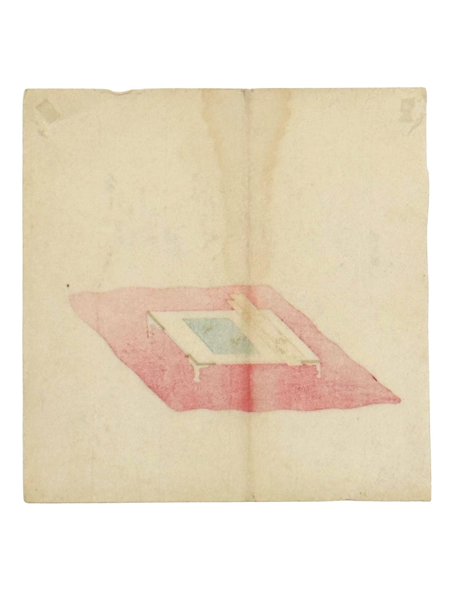 Estampe Japonaise surimono représentant trois poèmes au-dessus d'un écritoire posé sur un furoshiki rouge, le verso