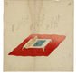 Estampe Japonaise surimono représentant trois poèmes au-dessus d'un écritoire posé sur un furoshiki rouge