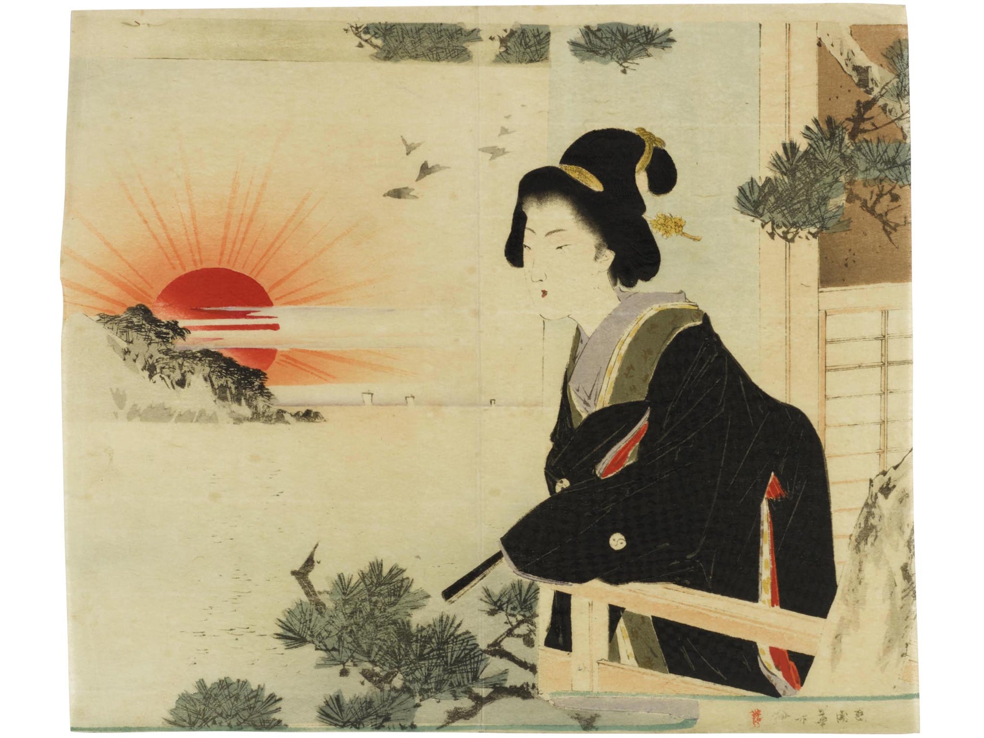 Estampe japonaise de Suzuki Kason représentant une femme en kimono face au soleil levant, entre pins et mer calme, dans une scène contemplative.