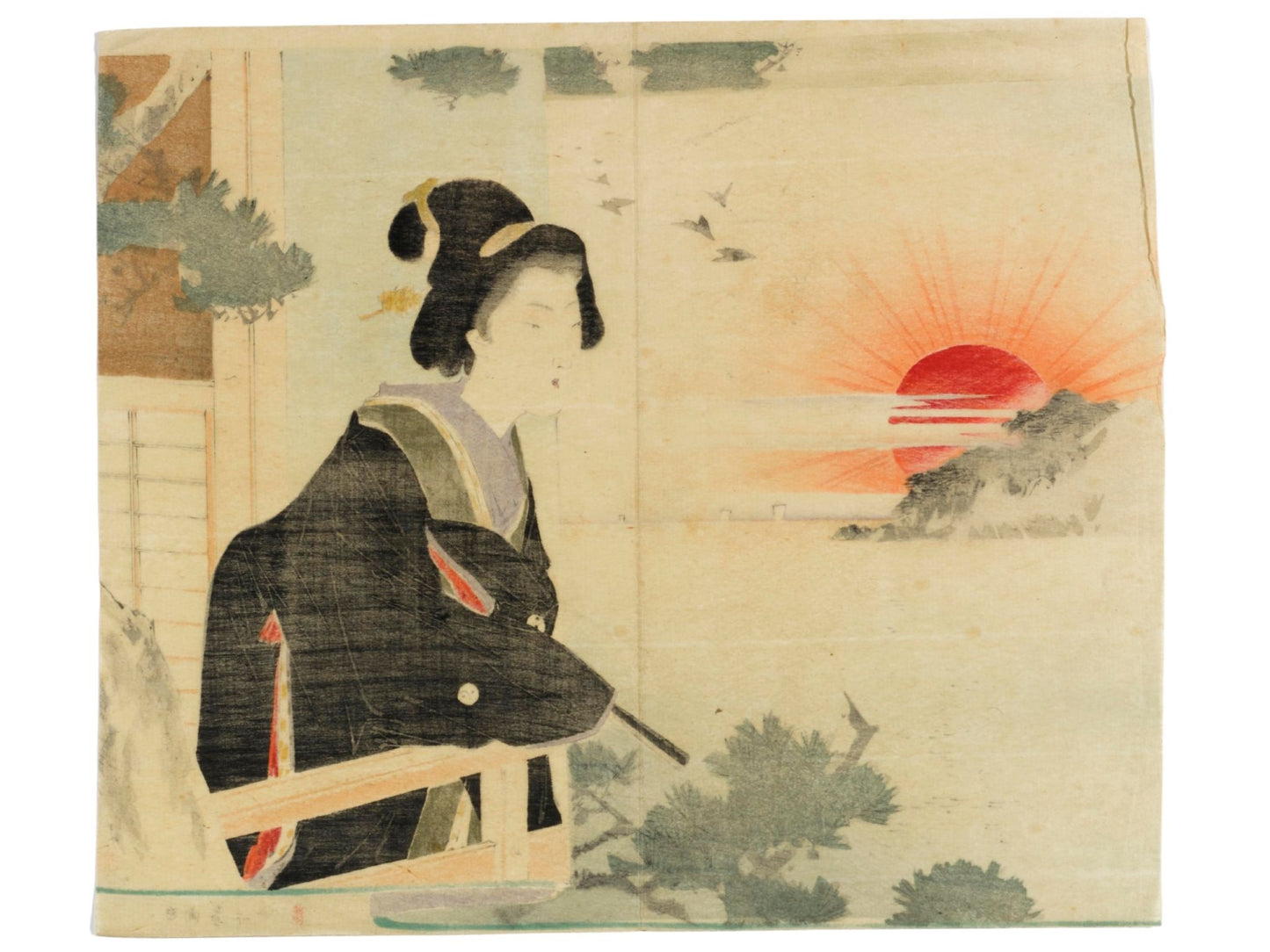 Estampe japonaise de Suzuki Kason représentant une femme en kimono face au soleil levant, entre pins et mer calme, dans une scène contemplative, le verso