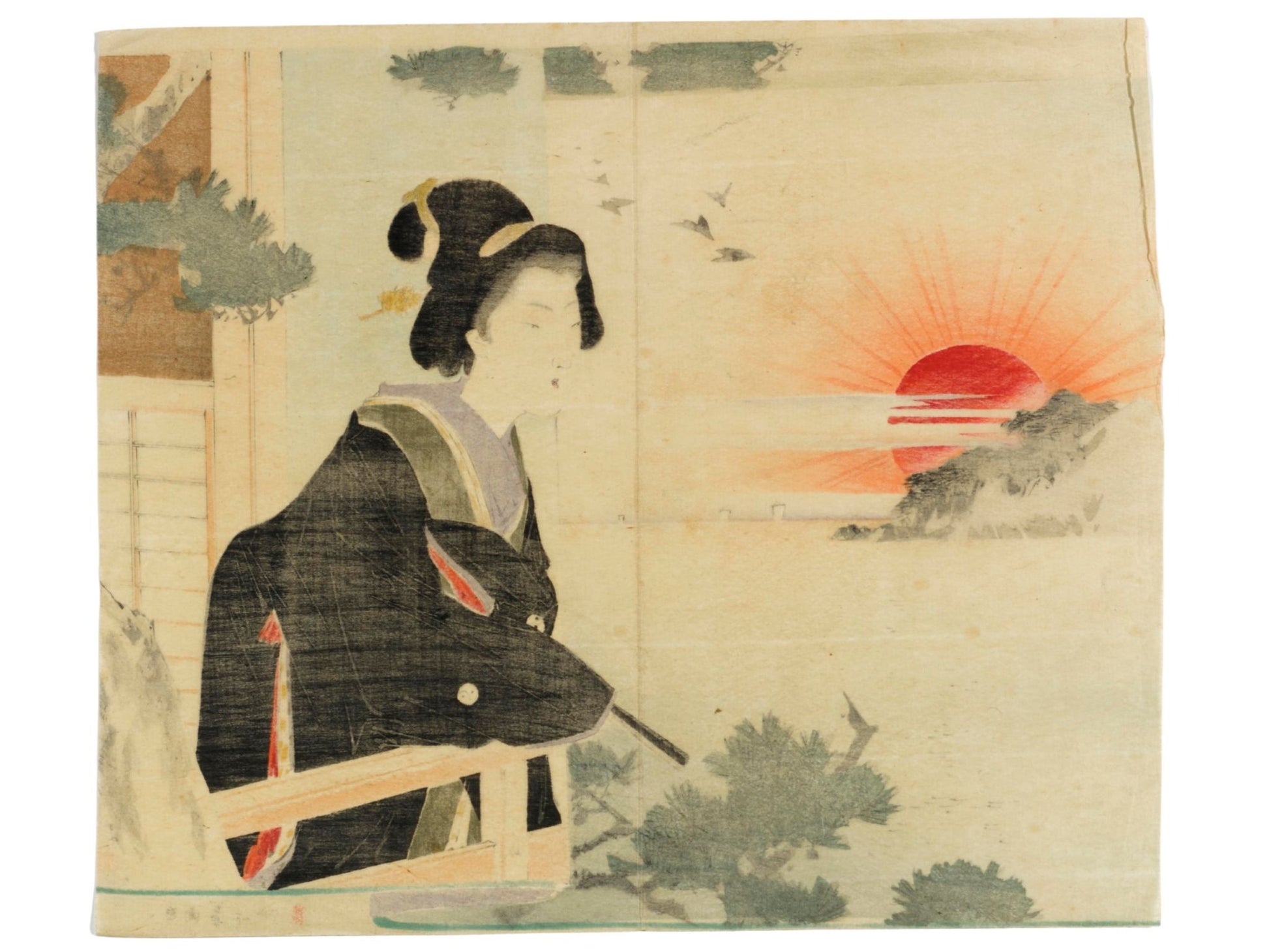 Estampe japonaise de Suzuki Kason représentant une femme en kimono face au soleil levant, entre pins et mer calme, dans une scène contemplative, le verso