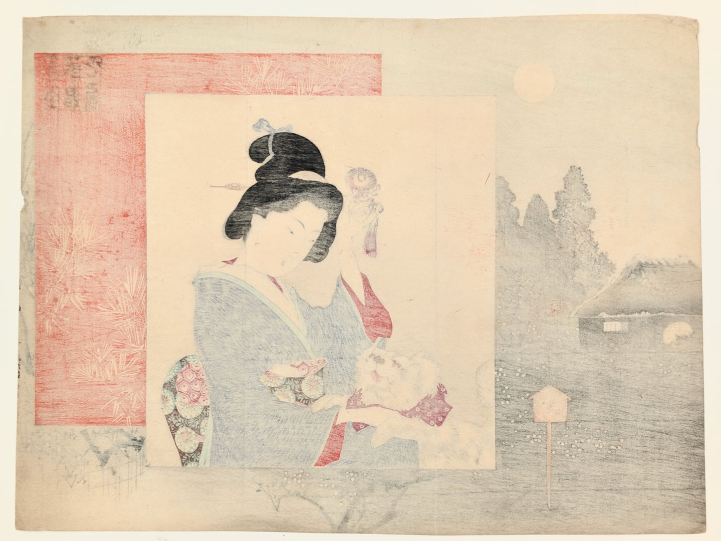 Estampe Japonaise Kuchi-e de Suzuki Kason, Beauté et son chien
