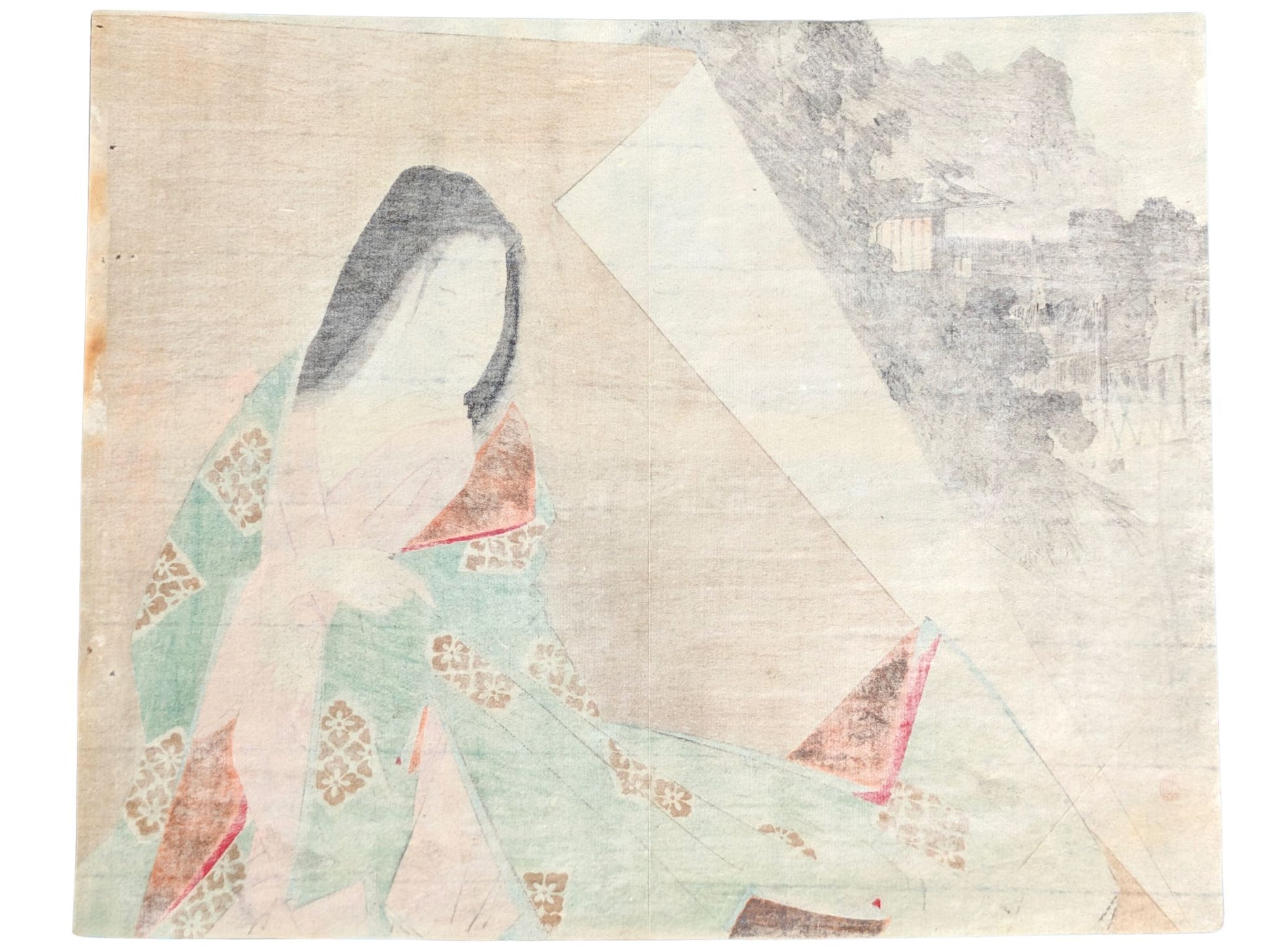 Estampe japonaise de Suzuki Kason représentant une jeune femme noble en kimono vert d'eau et rouge mordant une mèche de ses cheveux, intitulée La Fille de Manjū, avec un paysage en arrière-plan. Dos estampe.