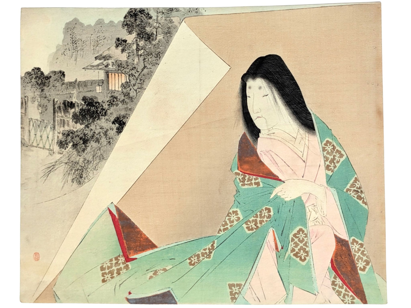 Estampe japonaise de Suzuki Kason représentant une jeune femme noble en kimono vert d'eau et rouge mordant une mèche de ses cheveux, intitulée La Fille de Manjū, avec un paysage en arrière-plan.