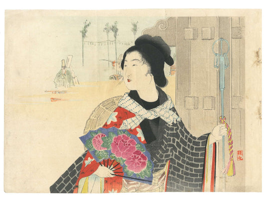 Estampe Japonaise de Takeuchi Keishu, Jeune femme avec son éventail avec fleurs de pivoine au festival 