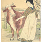 Estampe japonaise kuchi-e de Takeuchi Keishû représentant une jeune fermière et une vache