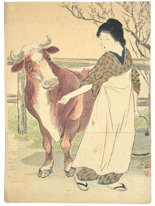 Estampe japonaise kuchi-e de Takeuchi Keishû représentant une jeune fermière et une vache