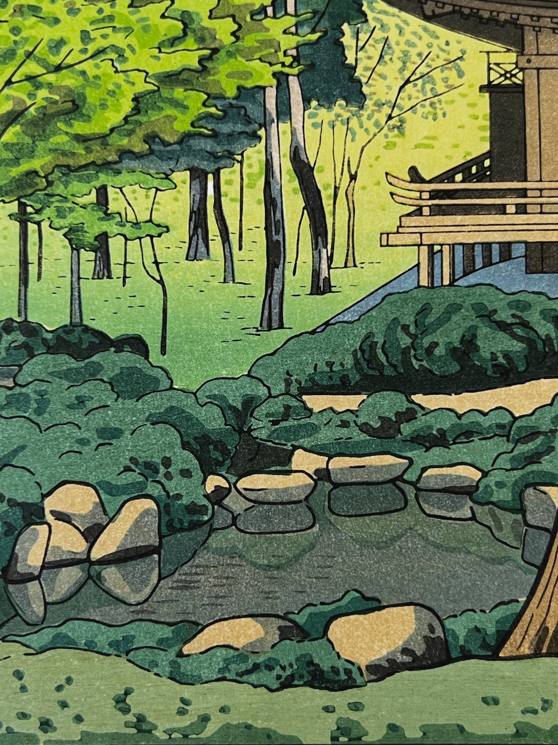 estampe japonaise temple jardin mousse foret, plan d'eau