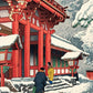 estampe japonaise paysage de neige, temple rouge à Kyoto, deux personnes devant l'entrée