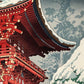 estampe japonaise paysage de neige, temple rouge à Kyoto, le toit enneigé