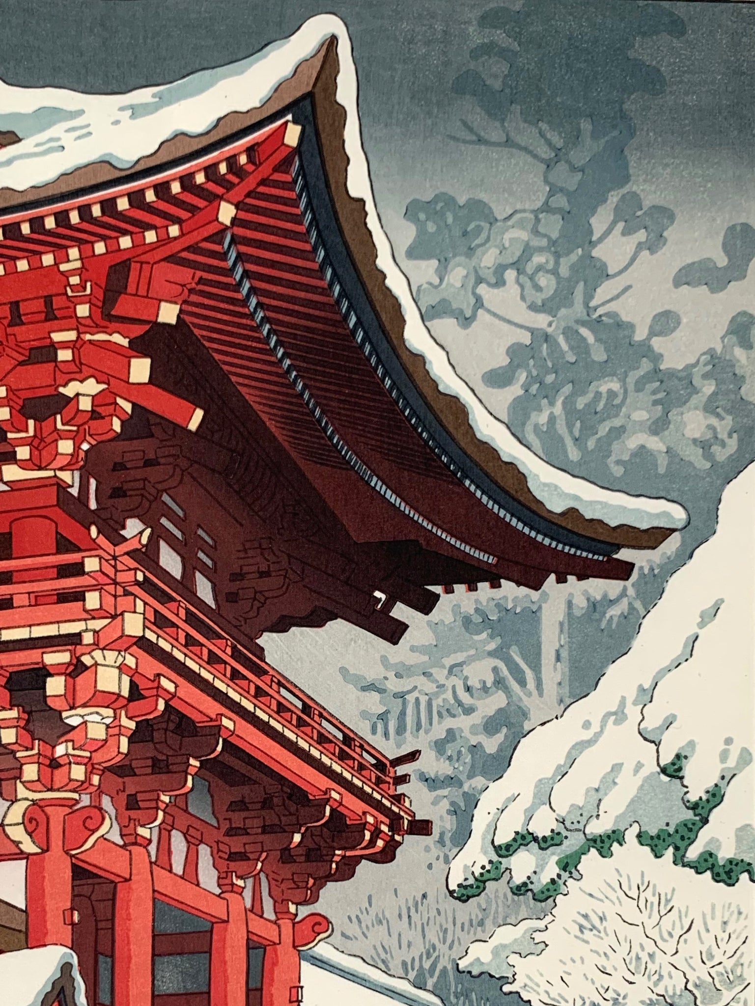 estampe japonaise paysage de neige, temple rouge à Kyoto, le toit enneigé