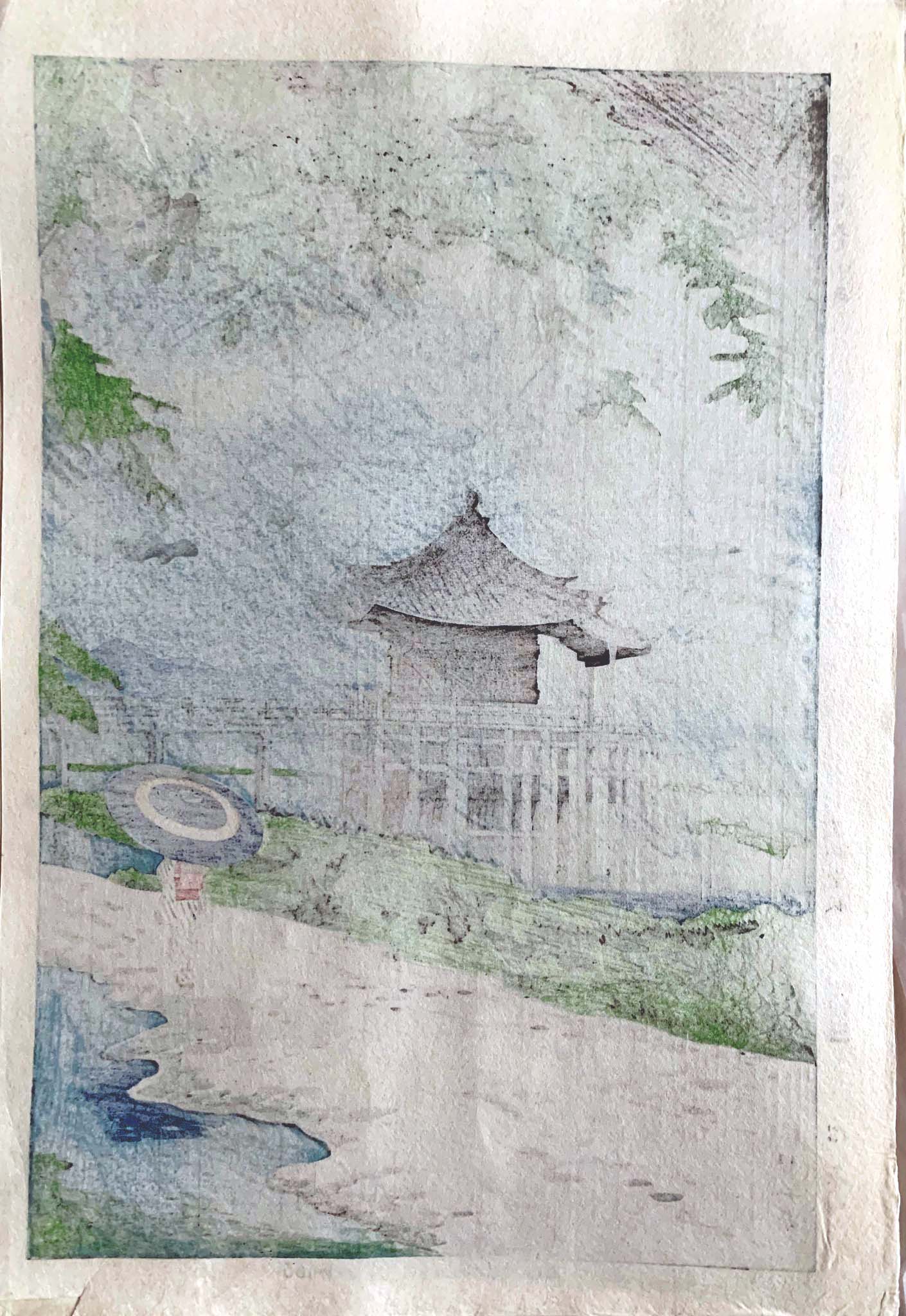 estampe japonaise pluie lac parapluie pavillon pagode ukimido, dos de l'estampe