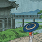estampe japonaise pluie femme sous un parapluie bleu