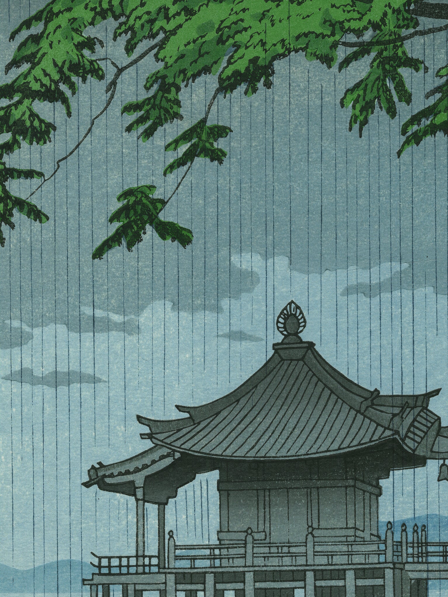 estampe japonaise pluie sur toit pavillon pagode 