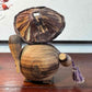 tanuki en bois avec son chapeau, bébé et sa bouteille de saké, vu de dos