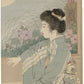 Estampe japonaise kuchi-e de Terazaki Kôgyô d’une femme sous la pleine lune l'été