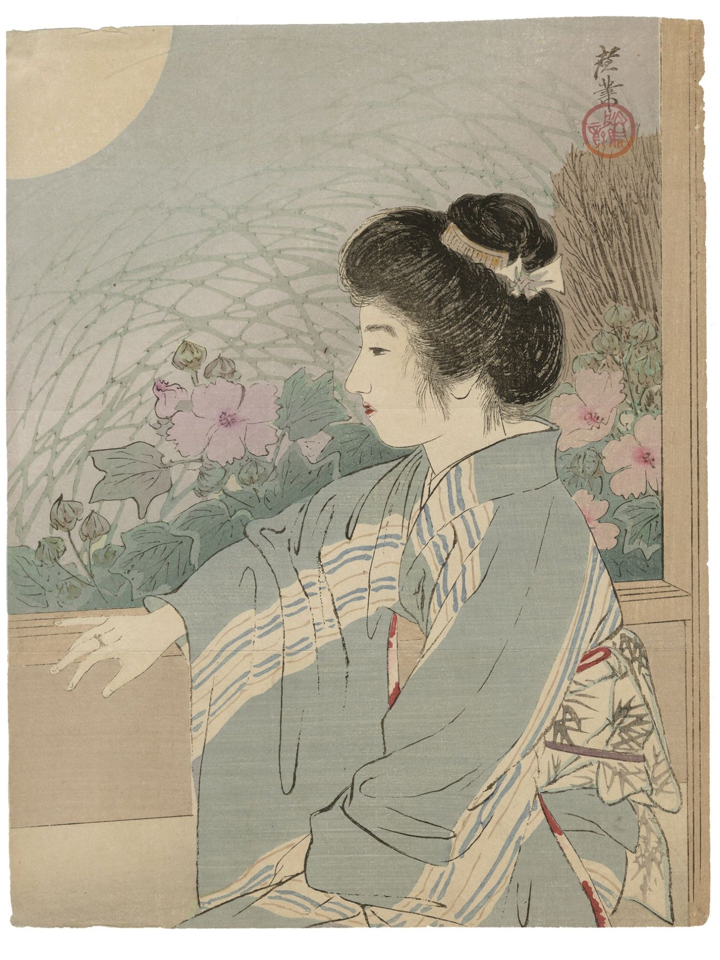 Estampe japonaise kuchi-e de Terazaki Kôgyô d’une femme sous la pleine lune l'été