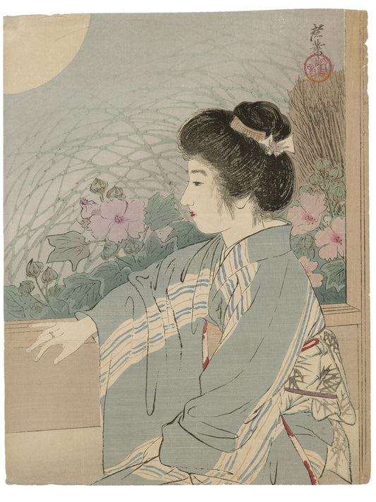 Estampe japonaise kuchi-e de Terazaki Kôgyô d’une femme sous la pleine lune l'été