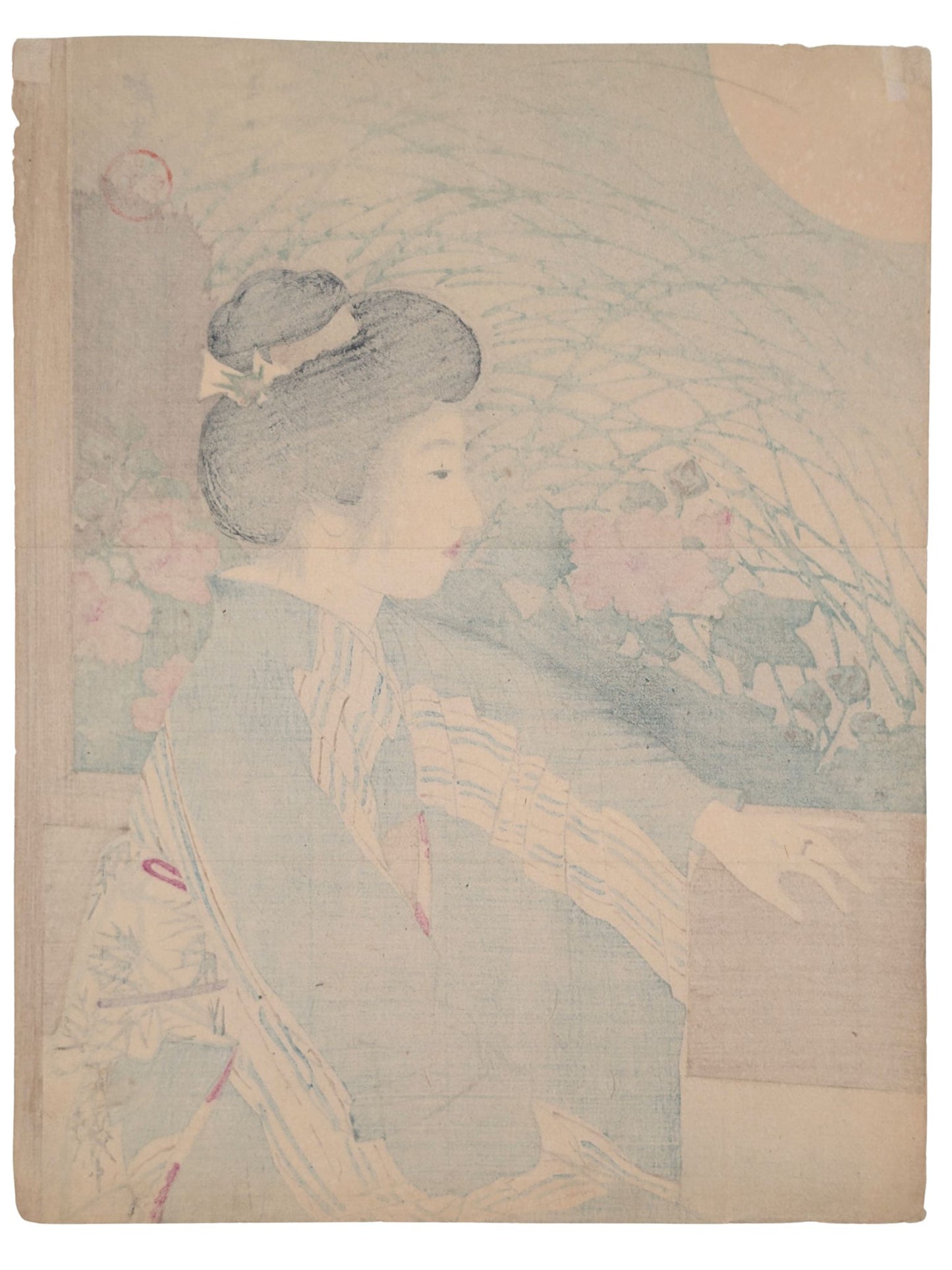 Estampe japonaise kuchi-e de Terazaki Kôgyô d’une femme sous la pleine lune l'été, le verso