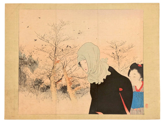 Estampe japonaise de Terazaki Kōgyō représentant une femme voilée et une enfant dans un paysage hivernal aux arbres dénudés.