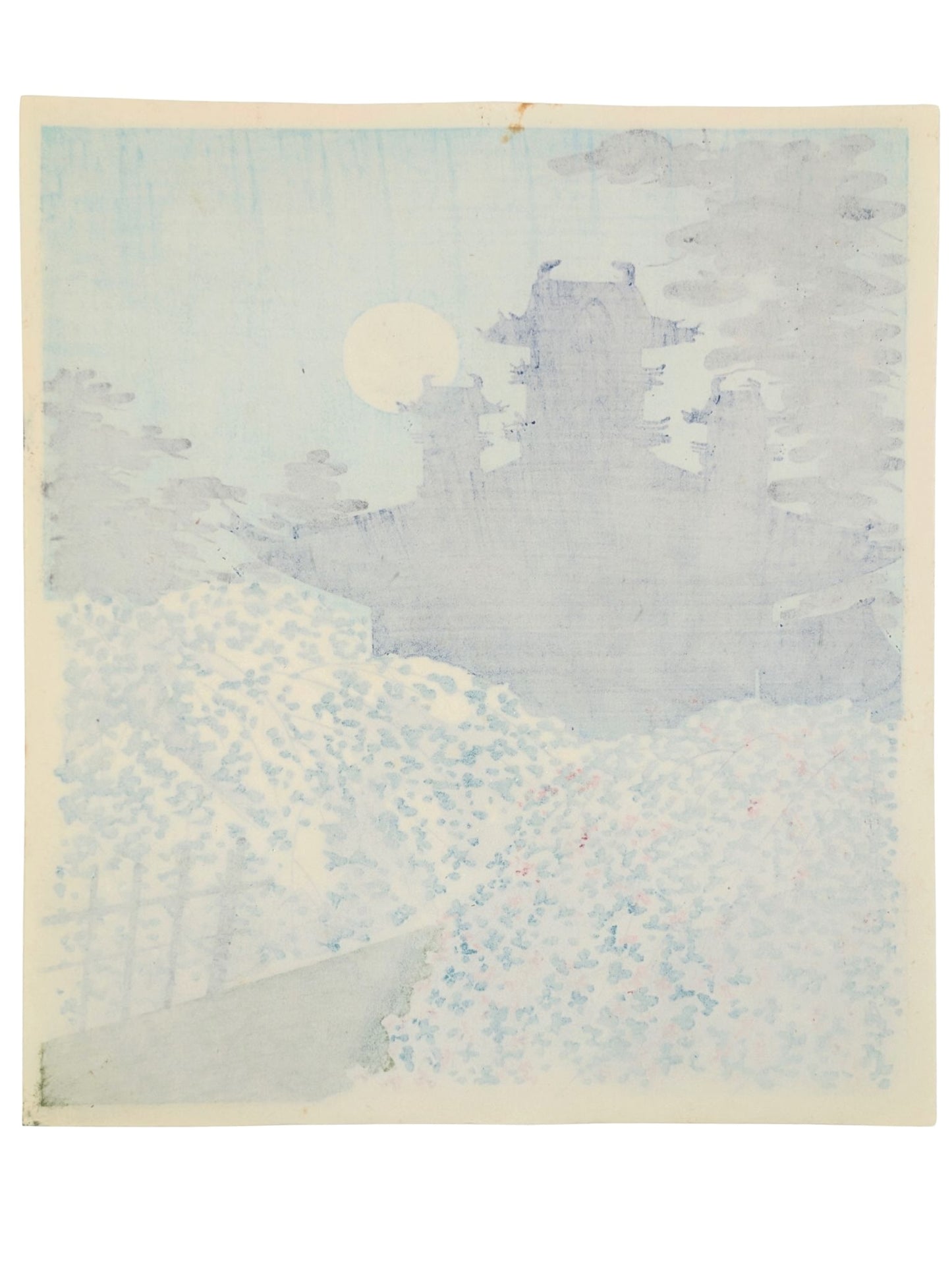 Estampe japonaise de tokuriki tomikichiro, pleine lune sur le sanctuaire Heian à Kyoto au printemps. Dos estampe.
