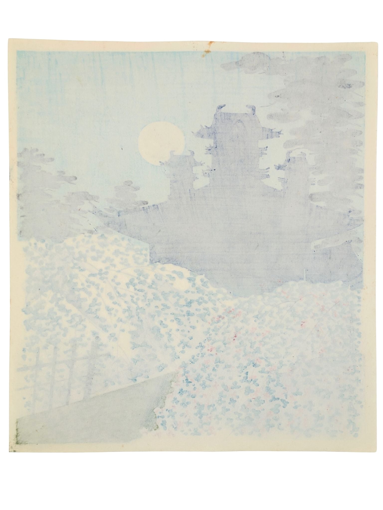 Estampe japonaise de tokuriki tomikichiro, pleine lune sur le sanctuaire Heian à Kyoto au printemps. Dos estampe.