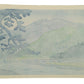 Estampe japonaise de Tokuriki, le pont Togetsukyō aux pieds des montagnes de arashiyama sous la pluie fine. montagne verdoyante et rivière kamo bleue. Dos estampe.