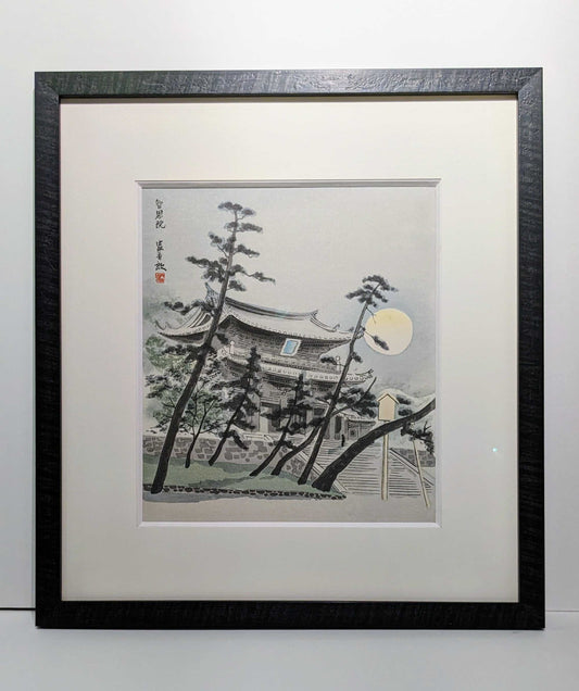 estampe japonaise temple nuit pleine lune avec cadre noir