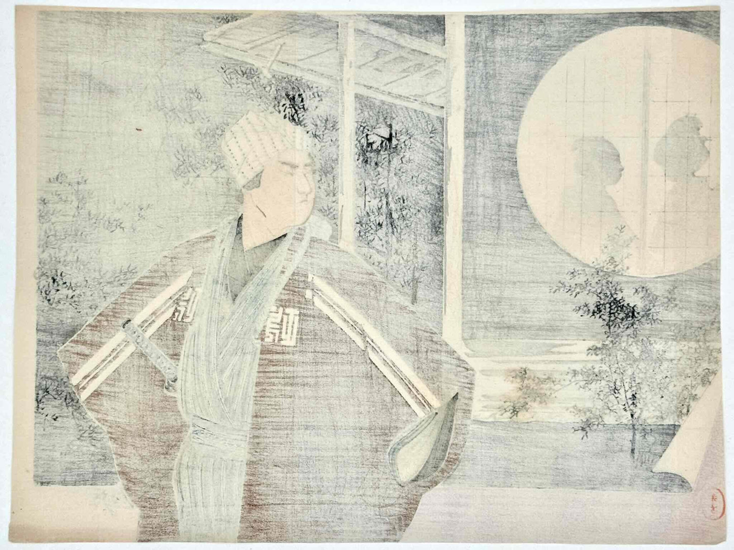 Estampe Japonaise kuchi-e de Mizuno Toshikata, samouraï devant silhouettes dans la nuit, le verso
