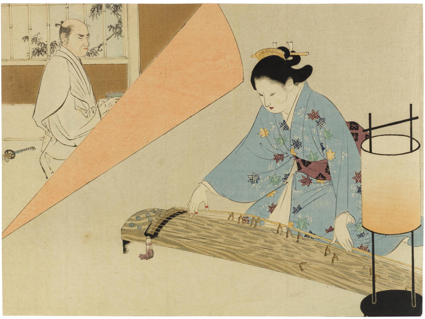 Estampe japonaise de Mizuno Toshikata montrant une femme en kimono jouant du koto sous une lanterne, dans une scène d’intérieur paisible.