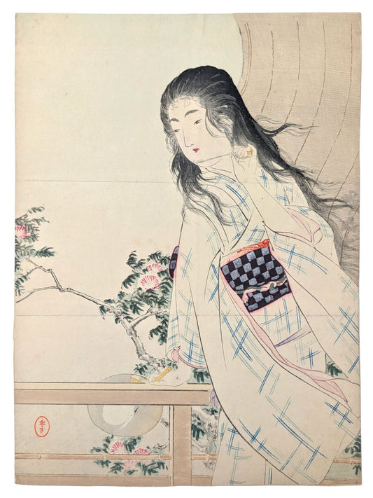 Estampe Japonaise kuchi-e de Mizuno Toshikata, femme en yukata profitant de la brise d'été cheveux au vent