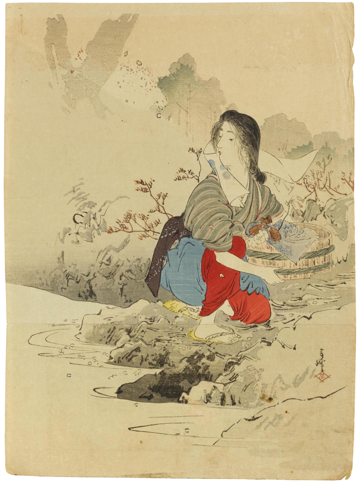 Estampe japonaise de Toshimine représentant une femme au bord d’une rivière, en kimono de travail, accroupie avec un panier dans les bras.