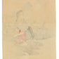 Estampe japonaise de Toshimine représentant une femme au bord d’une rivière, en kimono de travail, accroupie avec un panier dans les bras, le verso