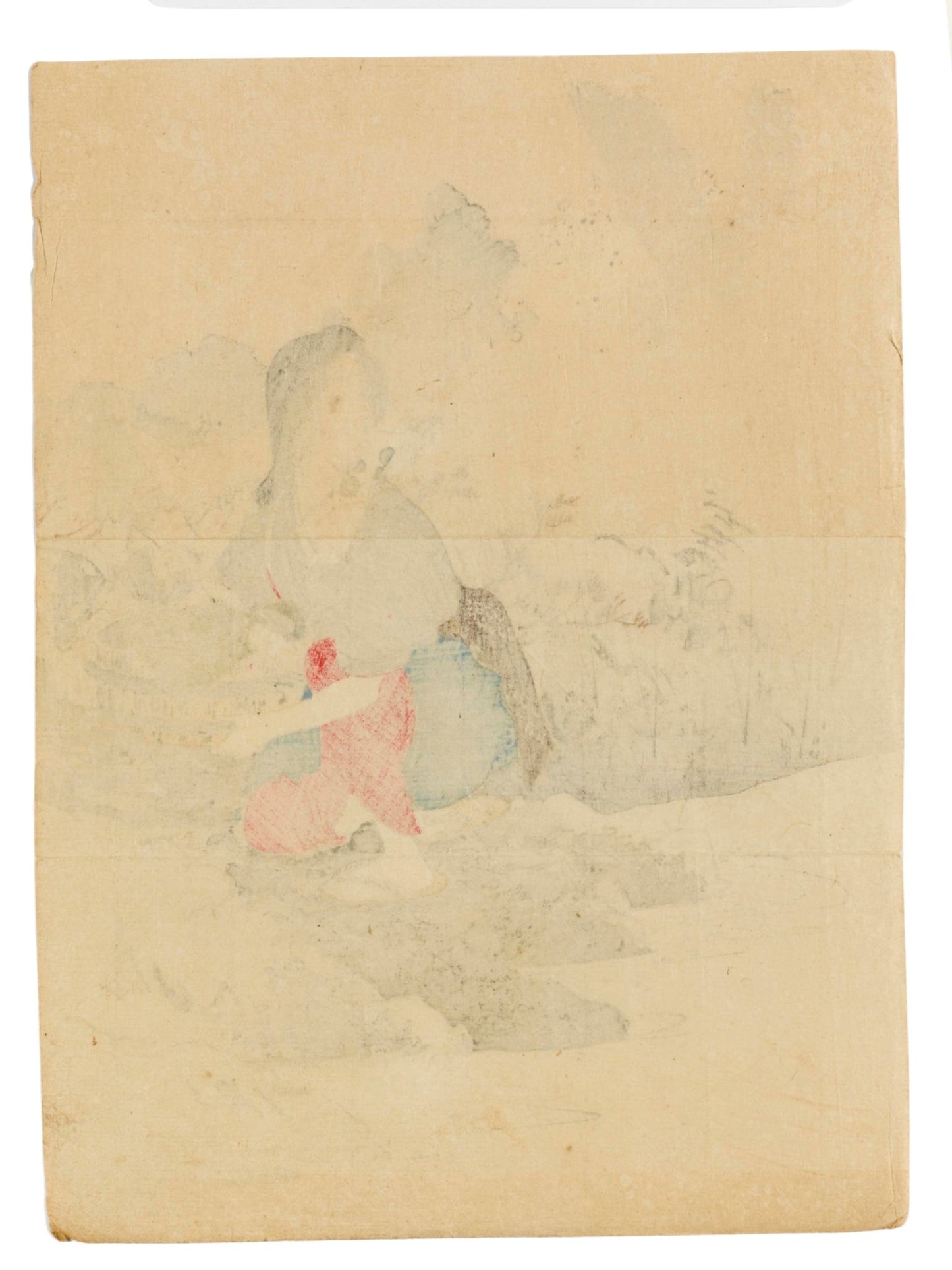 Estampe japonaise de Toshimine représentant une femme au bord d’une rivière, en kimono de travail, accroupie avec un panier dans les bras, le verso