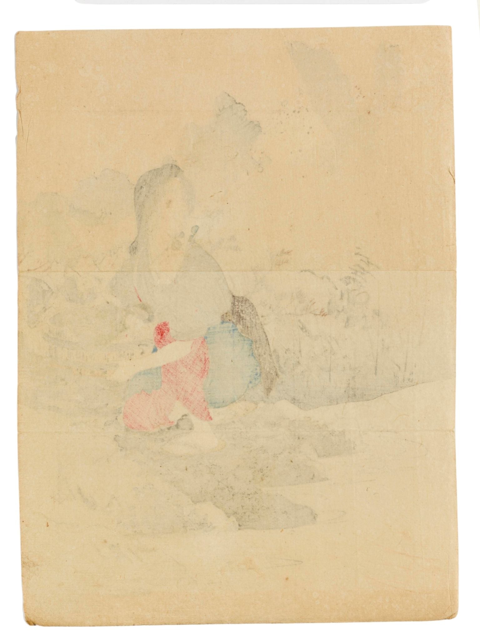 Estampe japonaise de Toshimine représentant une femme au bord d’une rivière, en kimono de travail, accroupie avec un panier dans les bras, le verso