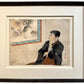 estampe japonaise encadrée un homme assis regardant une peinture d'un tigre rugissant