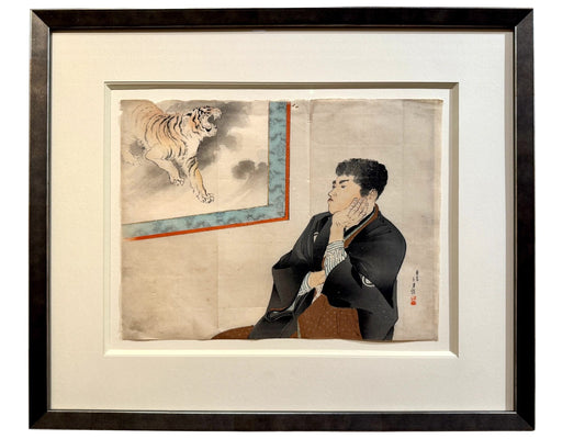 estampe japonaise encadrée un homme assis regardant une peinture d'un tigre rugissant