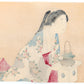 Estampe japonaise de Mizuno Toshikata représentant une femme en kimono agenouillée devant une corbeille de fleurs, pratiquant l’ikebana. Dos estampe