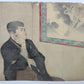 estampe japonaise un homme assis regardant une peinture d'un tigre rugissant dos de l'estampe