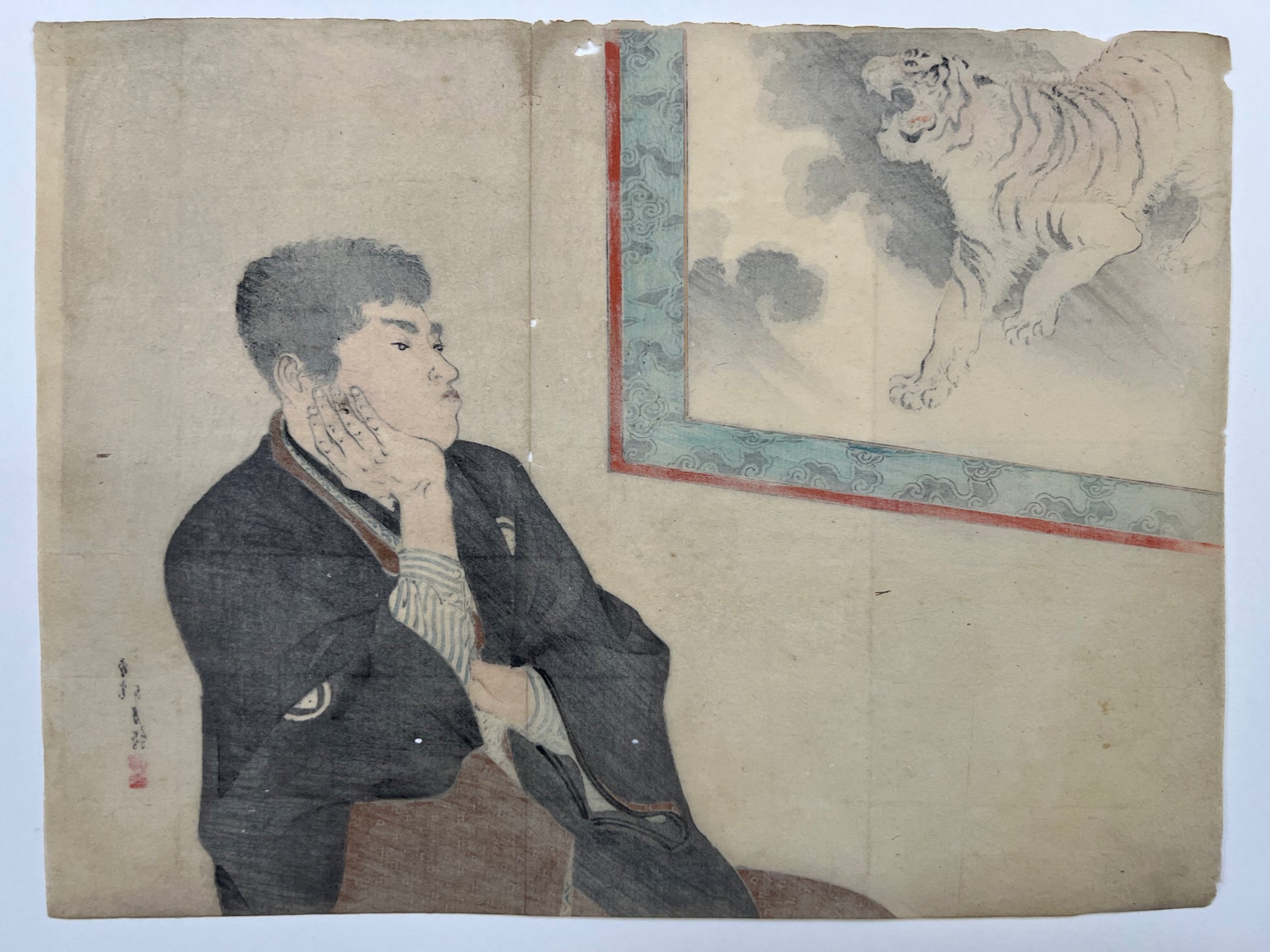 estampe japonaise un homme assis regardant une peinture d'un tigre rugissant dos de l'estampe