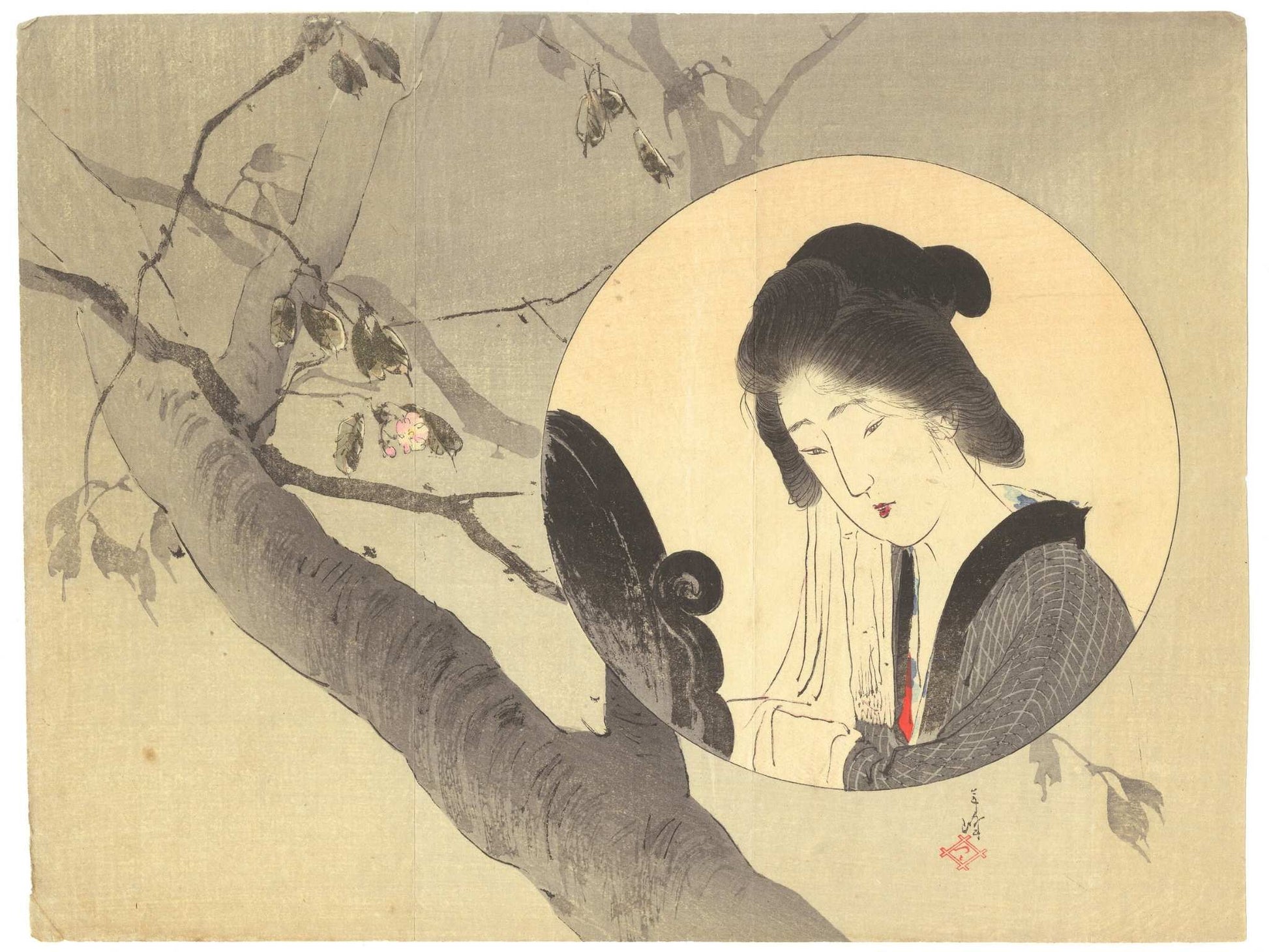 Estampe japonaise Second Bloom par Toshimine Tsutsui : femme en médaillon devant branche de cerisier.