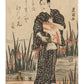 Estampe Japonaise de Toyokuni I Utagawa | L'acteur Shigan tenant un éventail sur un ponton aux iris