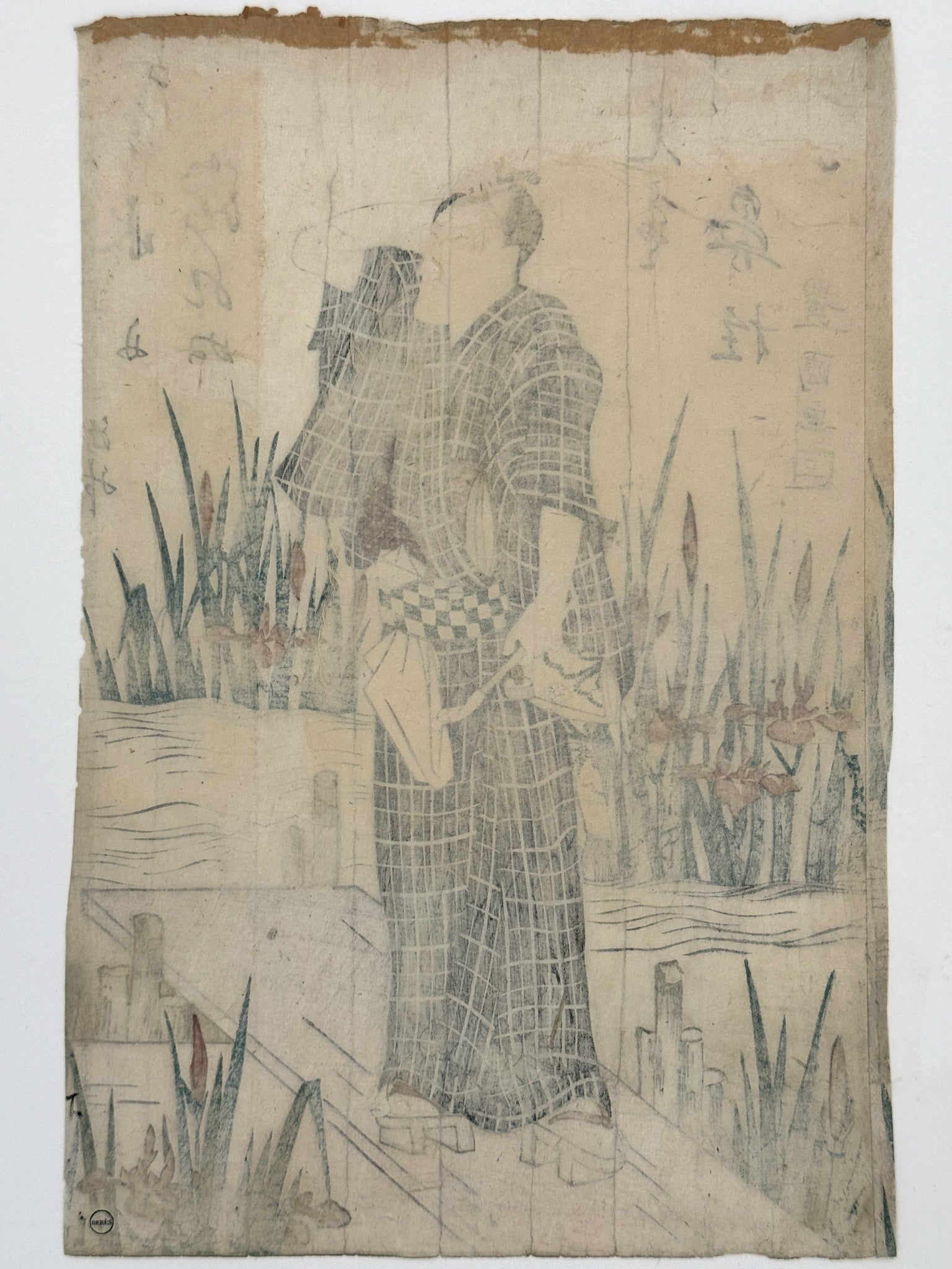 estampe japonaise de Toyokuni 1 un homme en kimono d'été à carreaux main sur la tête, dos de l'estampe