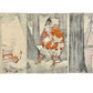 Estampe Japonaise en triptyque de Toyonobu représentant le général Minamoto assis dans la foret, un samourai agenouillé devant lui, le verso